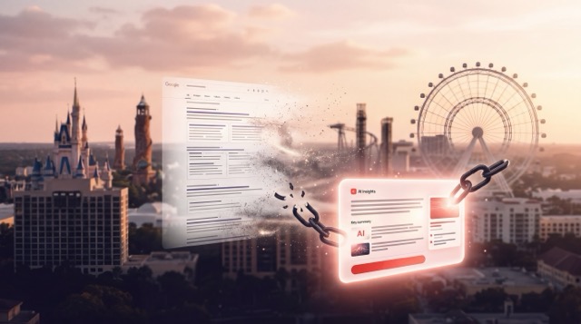 Abstract visualization of Google AI Overviews surfacing search answers without clicks, representing zero-click search crisis