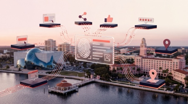 Abstract visualization of entity clarity signals connecting AI systems with verified local business data