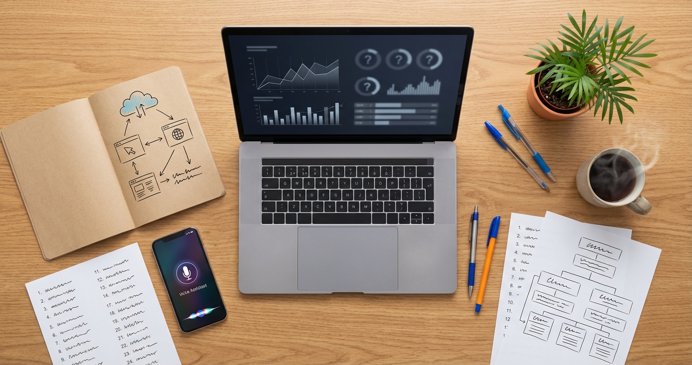 Overhead workspace showing AI visibility strategy planning for Clearwater businesses with analytics and content structure