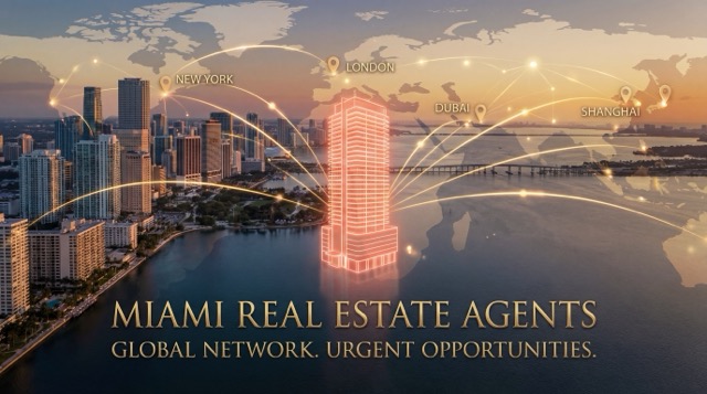 Miami real estate agent AI visibility concept with Brickell skyline and property data visualization overlay