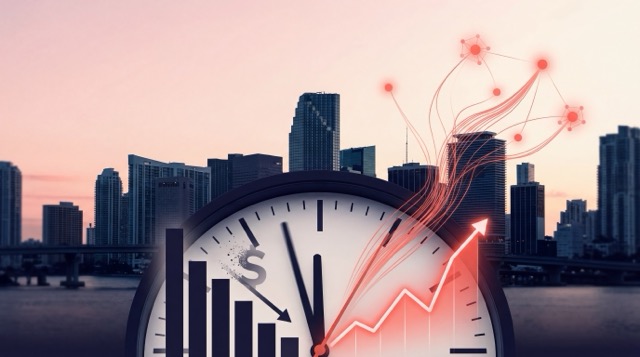 Miami Brickell skyline at dusk with abstract declining ad spend chart and a clock visual representing the cost of waiting on AI visibility