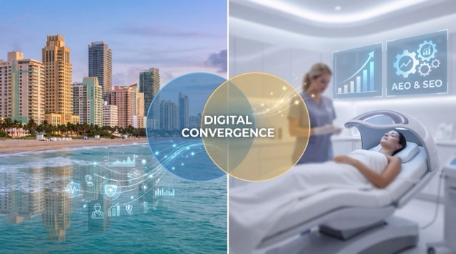 Miami med spa with Art Deco skyline and data visualization showing AEO and SEO convergence